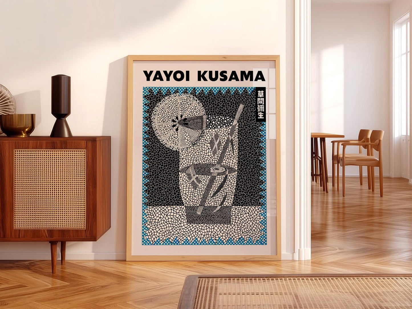 Yayoi Kusama cocktail art print with intricate black and white mosaic pattern and blue dot accents wall art.