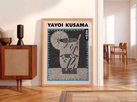 Yayoi Kusama cocktail art print with intricate black and white mosaic pattern and blue dot accents wall art.