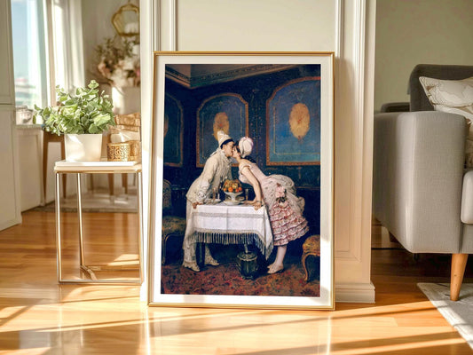 Auguste Toulmouche The Kiss art print featuring a romantic Victorian couple sharing a tender moment at a table.