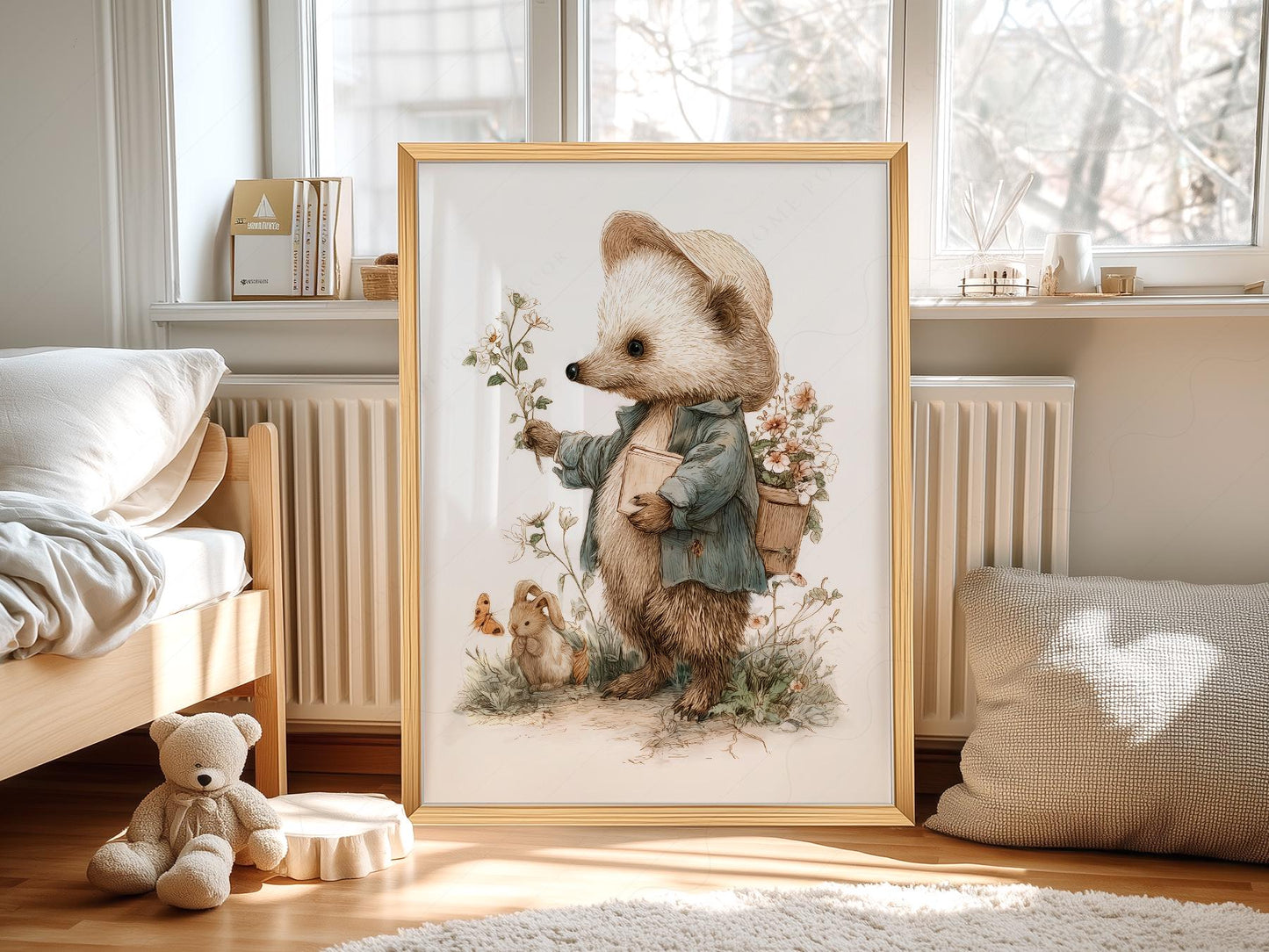 Whimsical Hedgehog Garden Print – Vintage Nursery Wall – toddler room wall art print
