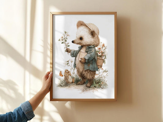 Whimsical hedgehog in green jacket holding flowers with bunny companion nursery wall art print.