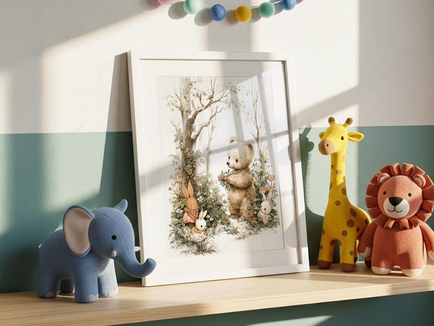 Woodland Bear and Bunnies Nursery Art Print – Neutral – children's room art print