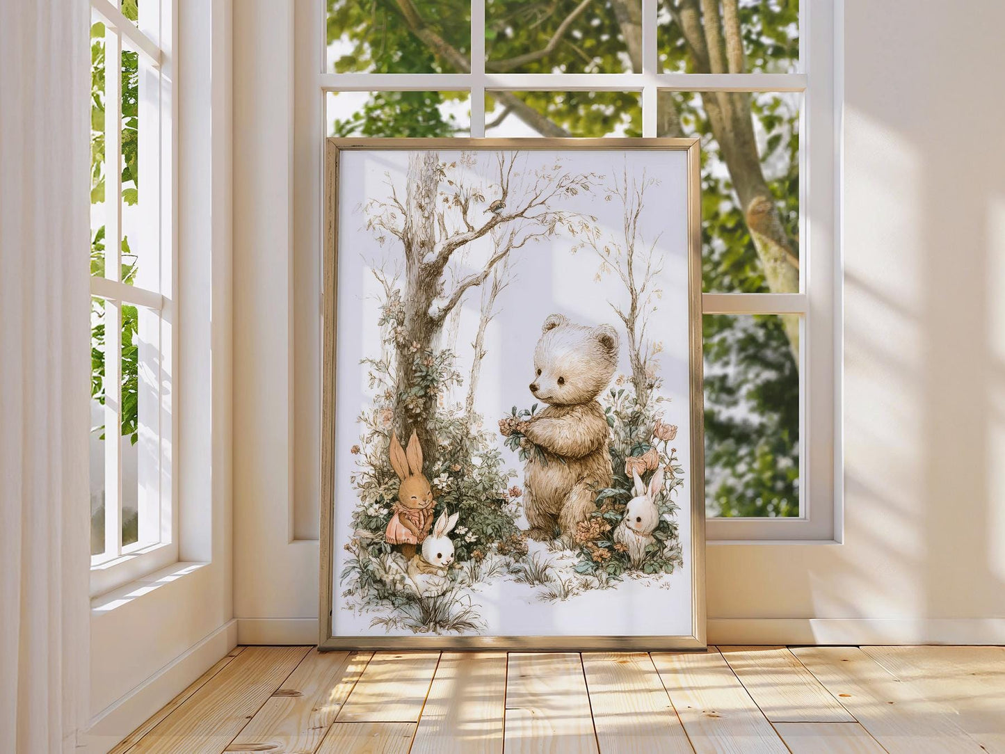 Woodland Bear and Bunnies Nursery Art Print – Neutral – toddler room wall art print