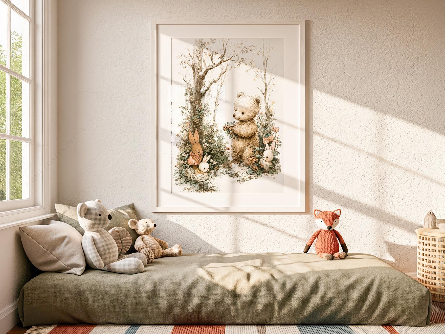 Woodland Bear and Bunnies Nursery Art Print – Neutral – art print for baby shower gift