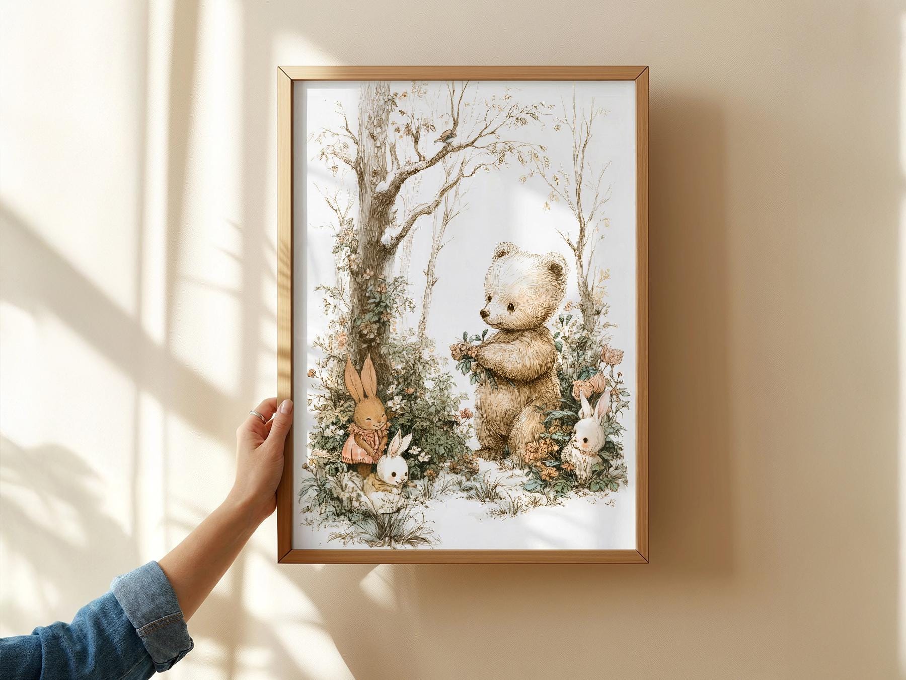 Woodland bear and bunnies nursery art print with soft neutral tones and wildflowers wall art.