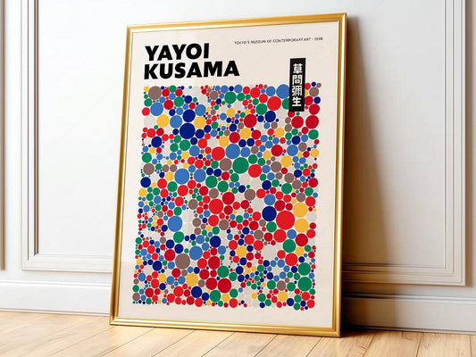 Yayoi Kusama polka dot exhibition art print featuring colorful scattered dots, Japanese contemporary wall art poster.