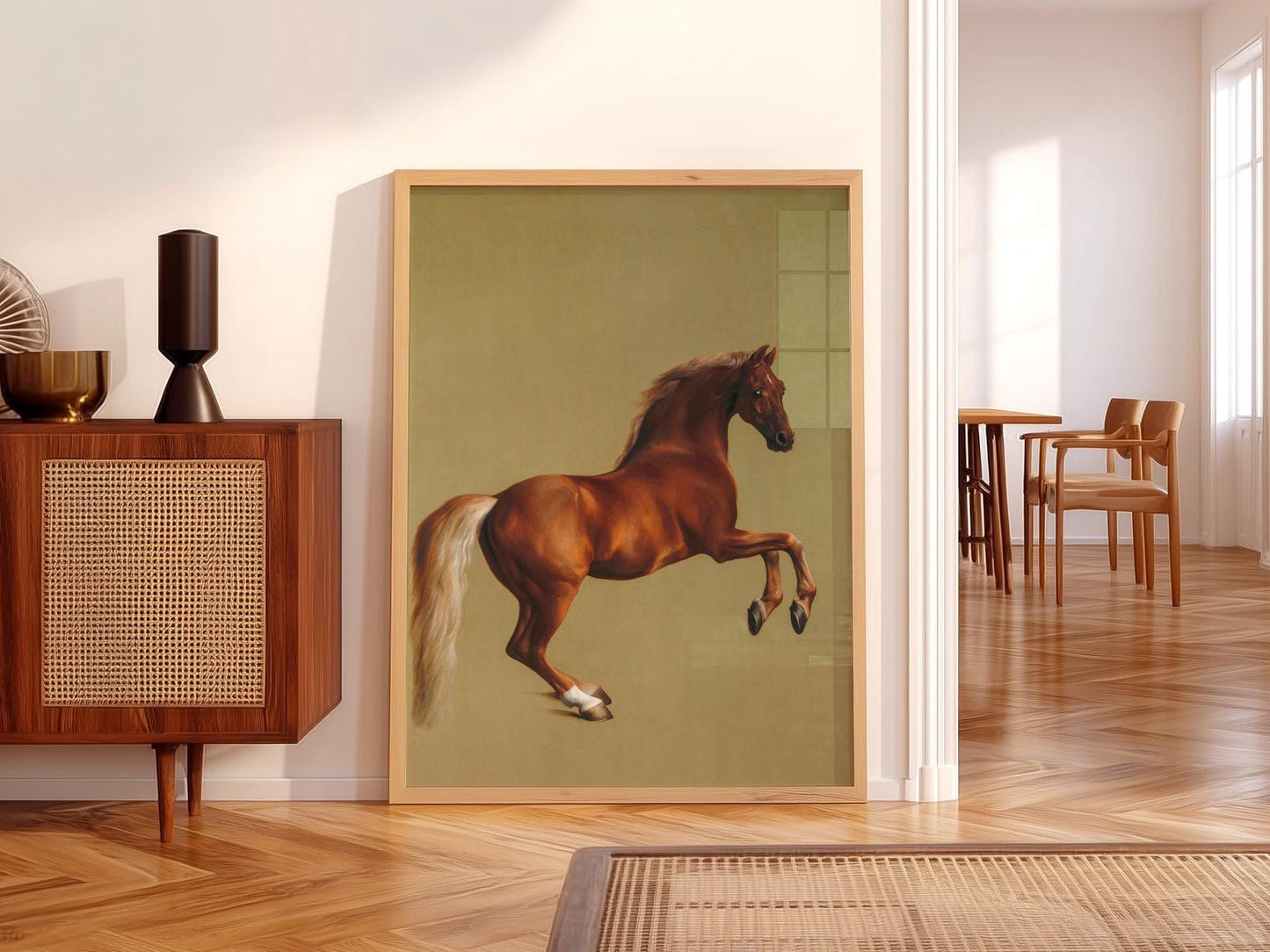George Stubbs Whistlejacket horse portrait art print featuring a rearing chestnut stallion on olive background.