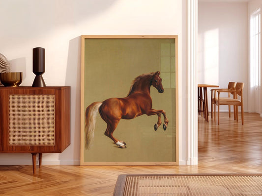 George Stubbs Whistlejacket horse portrait art print featuring a rearing chestnut stallion on olive background.