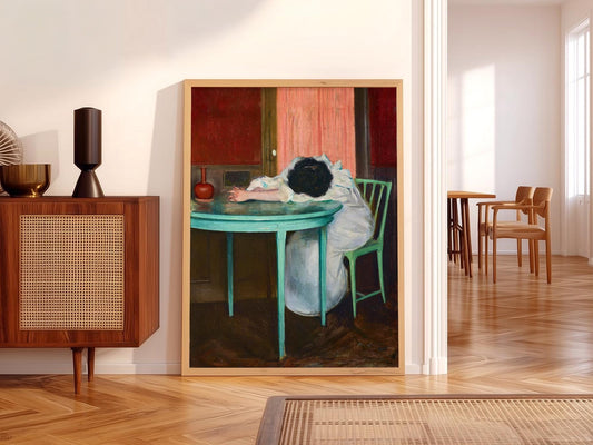 Ramon Casas Tired vintage art print featuring a woman slumped over a turquoise table in moody tones.