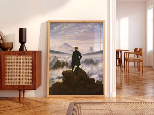 Caspar David Friedrich Wanderer Above the Sea of Fog art print showing a man overlooking misty mountains.