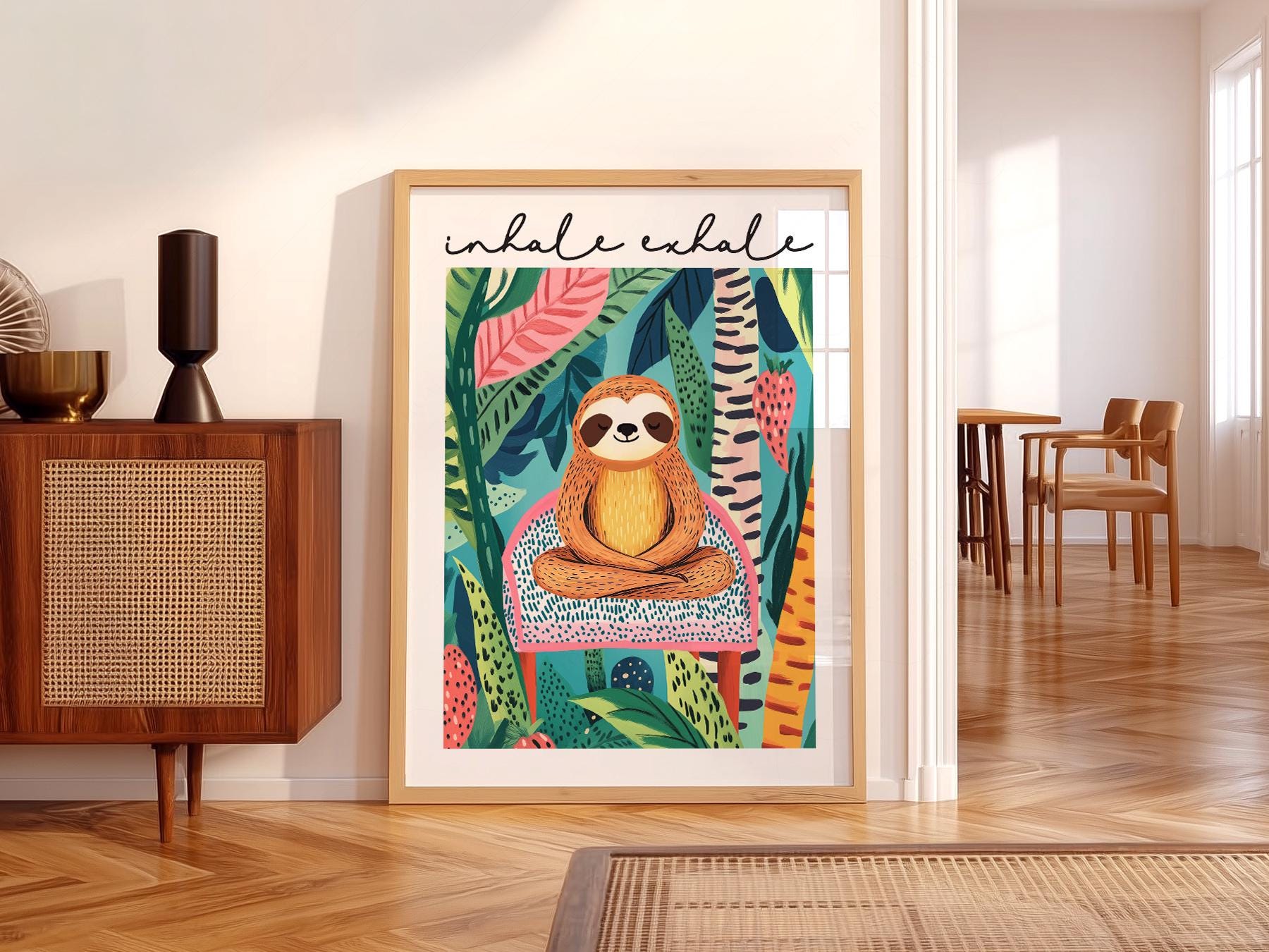 Inhale Exhale meditating sloth art print with colorful tropical jungle leaves wall art poster.