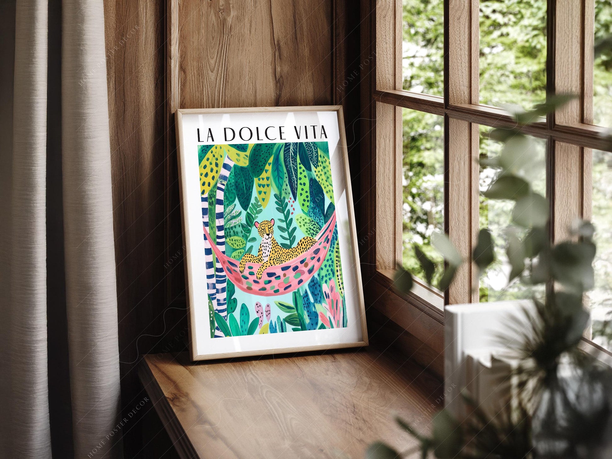 La Dolce Vita leopard in hammock jungle art print with tropical foliage maximalist wall art