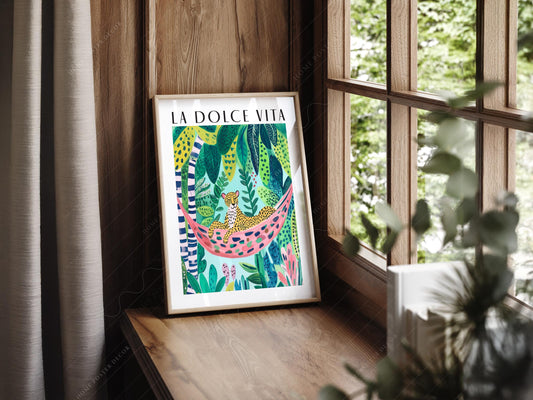 La Dolce Vita leopard in hammock jungle art print with tropical foliage maximalist wall art