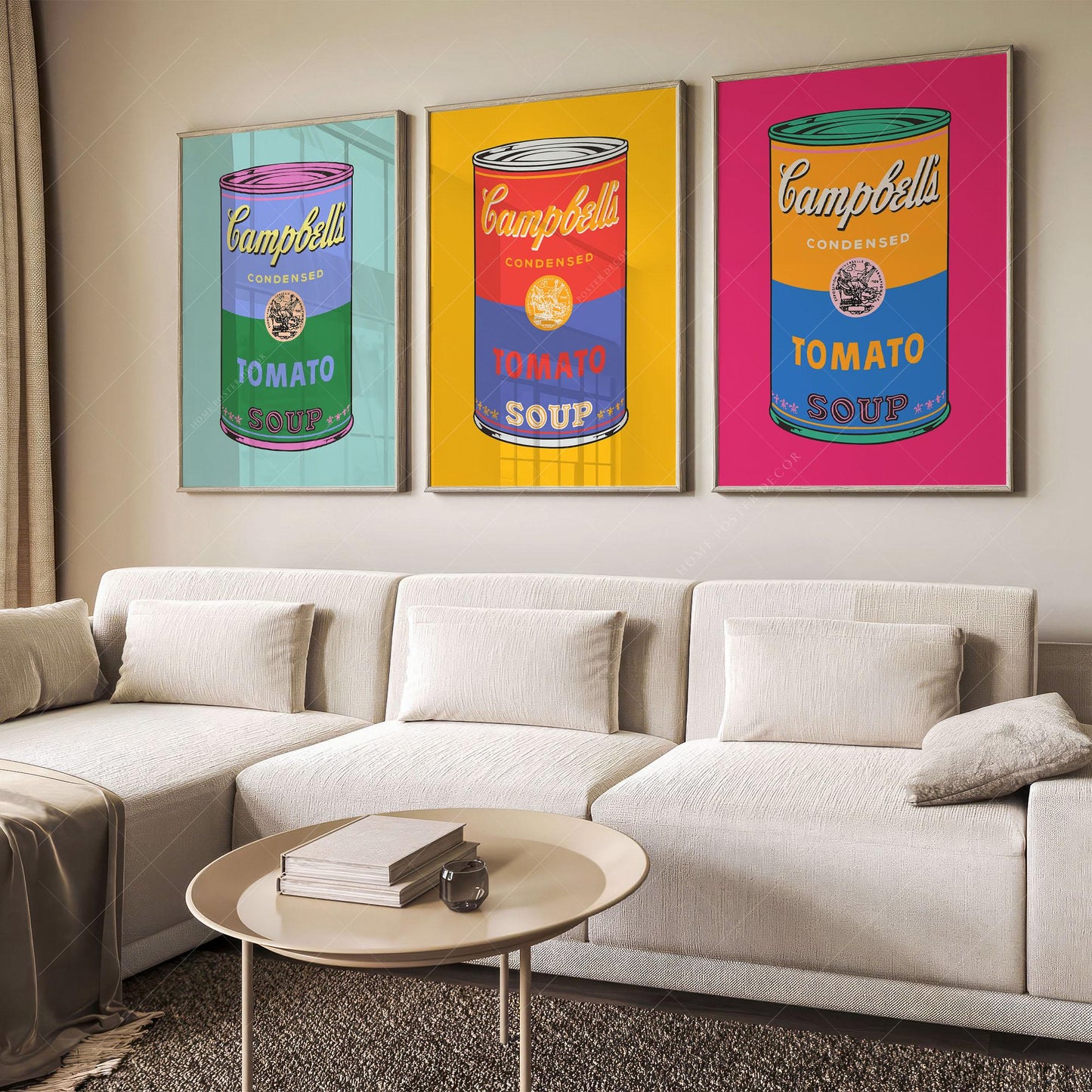 Andy Warhol Campbell's Soup Cans pop art print set in turquoise yellow and pink as vibrant wall art
