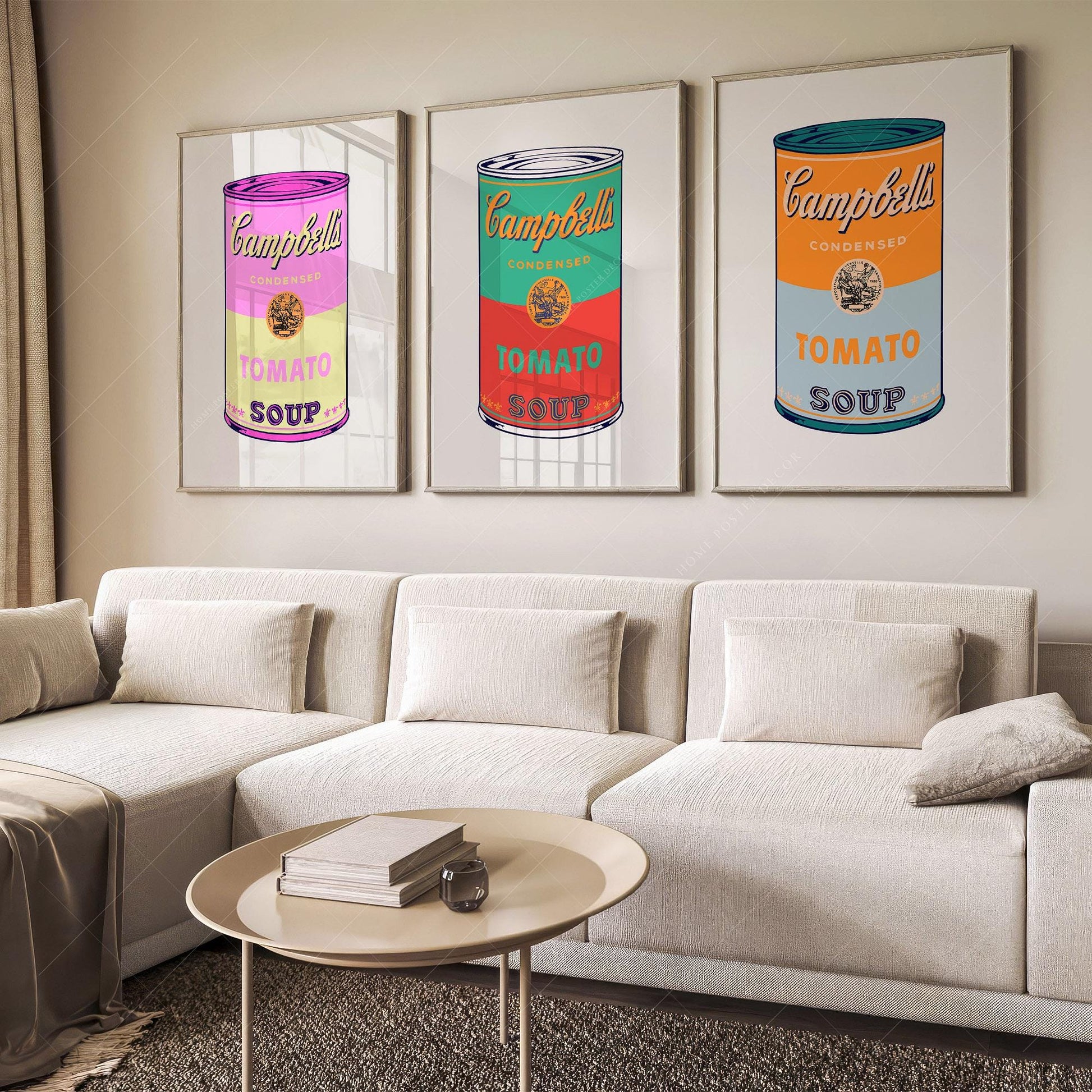 Andy Warhol Campbell's Soup Cans pop art print set featuring three colorful tomato soup can wall art posters.