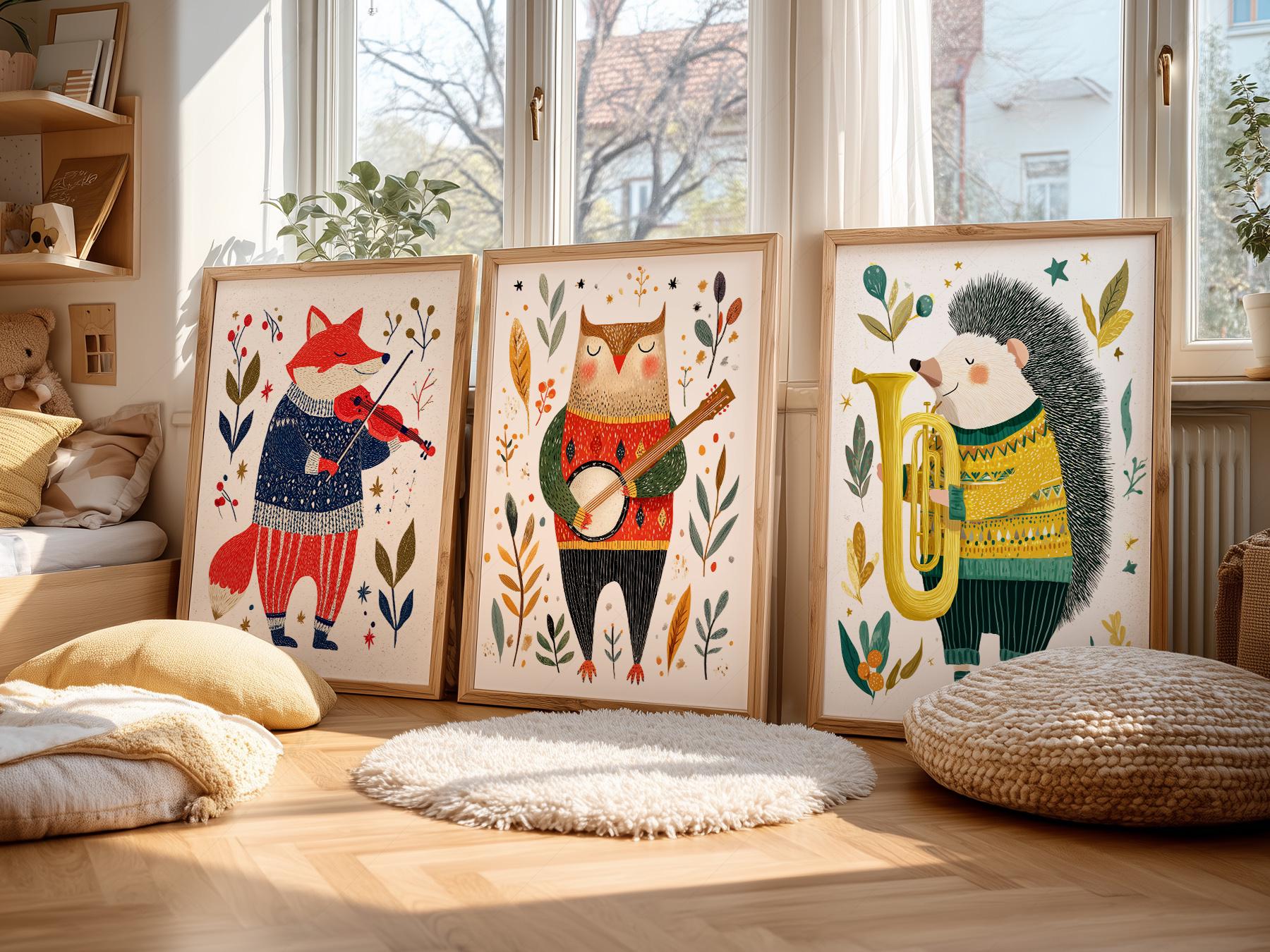 Woodland Animal Musician Print Set of 3 – Whimsical – children's room art print