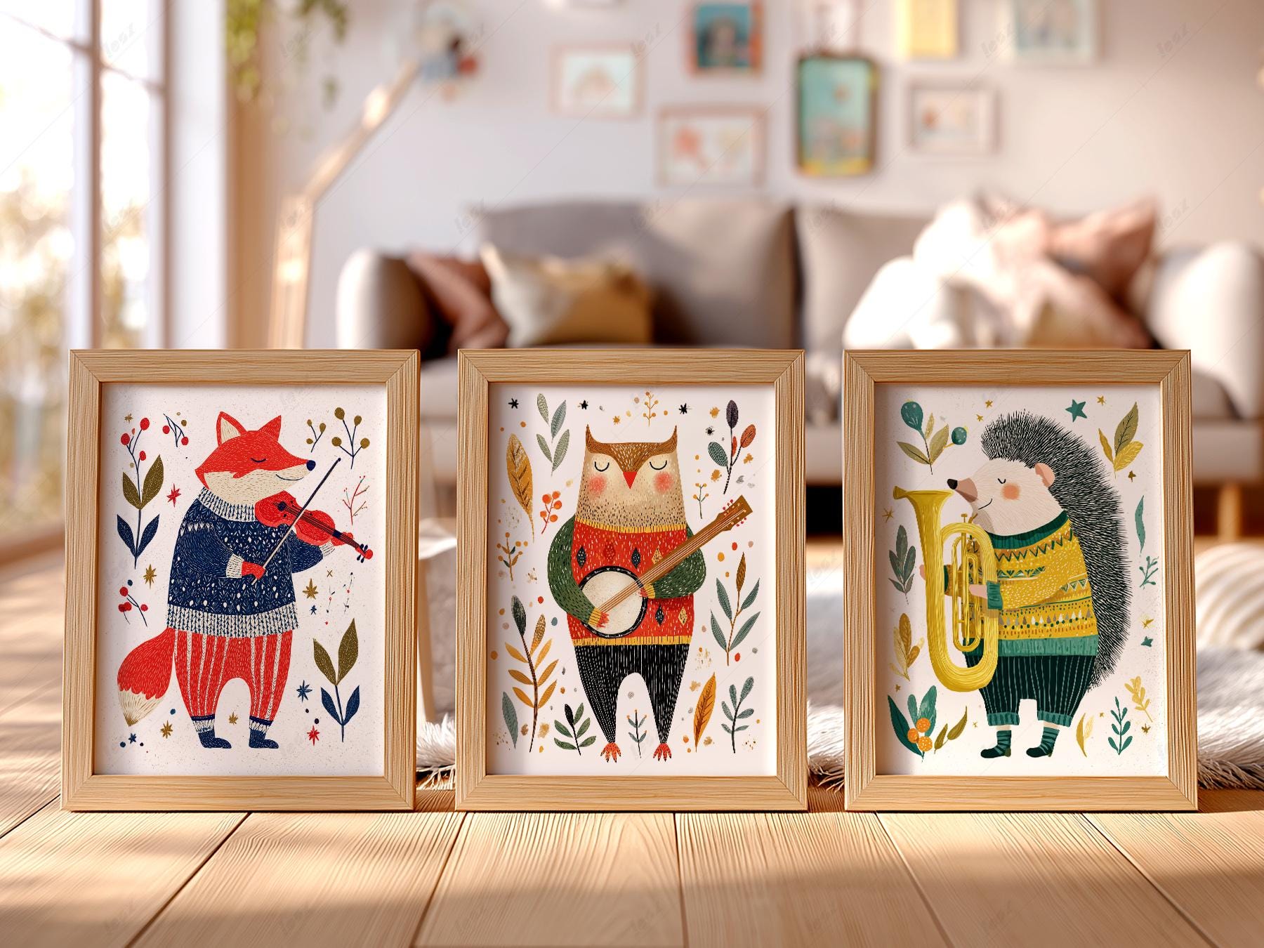 Woodland Animal Musician Print Set of 3 – Whimsical – playful nursery poster print