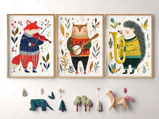 Woodland animal musician wall art set featuring fox with violin, owl with banjo, and hedgehog with tuba nursery prints.