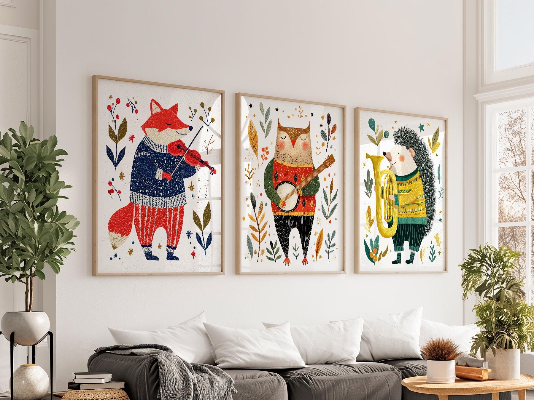 Woodland Animal Musician Print Set of 3 – Whimsical – toddler room wall art print