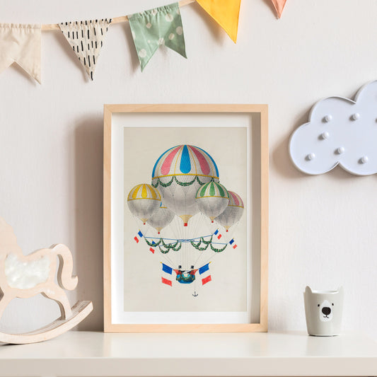 Vintage hot air balloon art print featuring colorful antique French aviation illustration as nursery wall art.