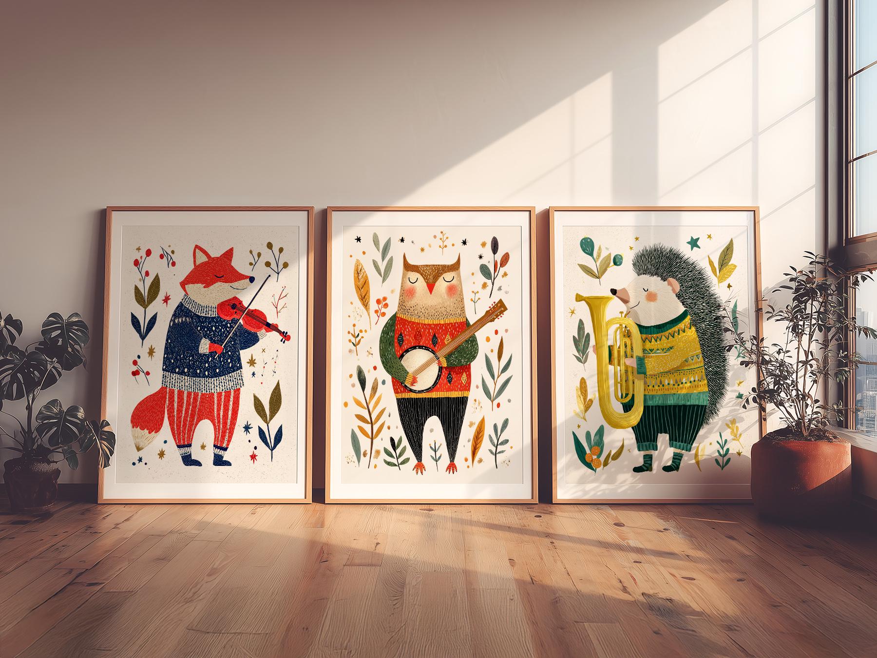 Woodland Animal Musician Print Set of 3 – Whimsical – framed nursery art print detail
