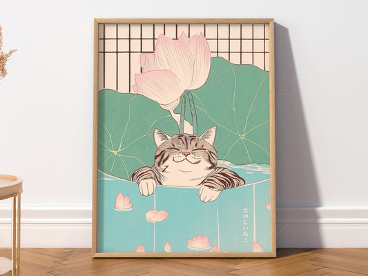 Japanese Cat Print, Minimalist Zen Wall Art