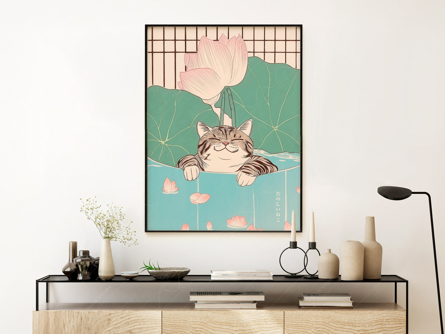 Japanese Cat Print, Minimalist Zen Wall Art