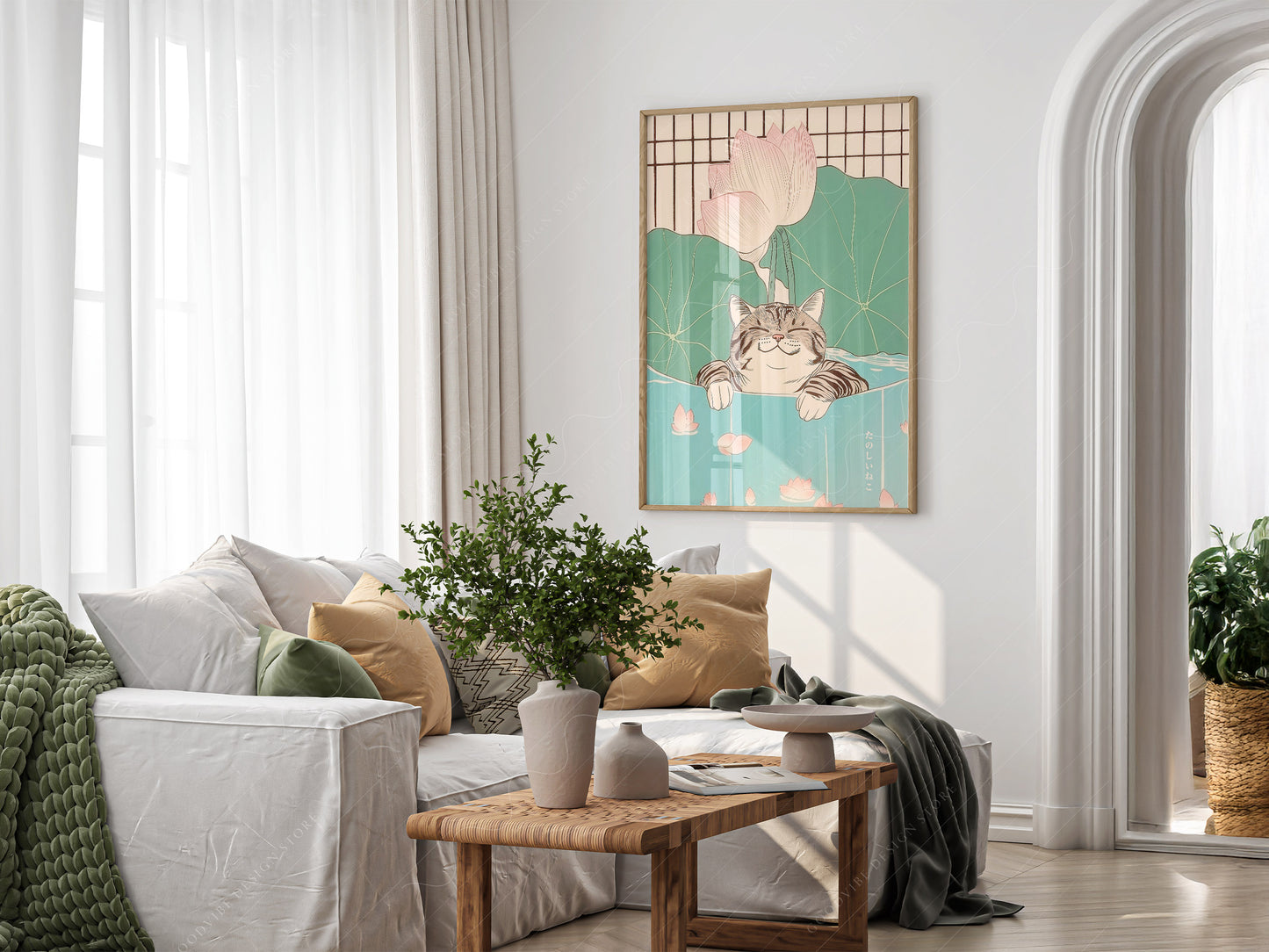 Japanese Cat Print, Minimalist Zen Wall Art