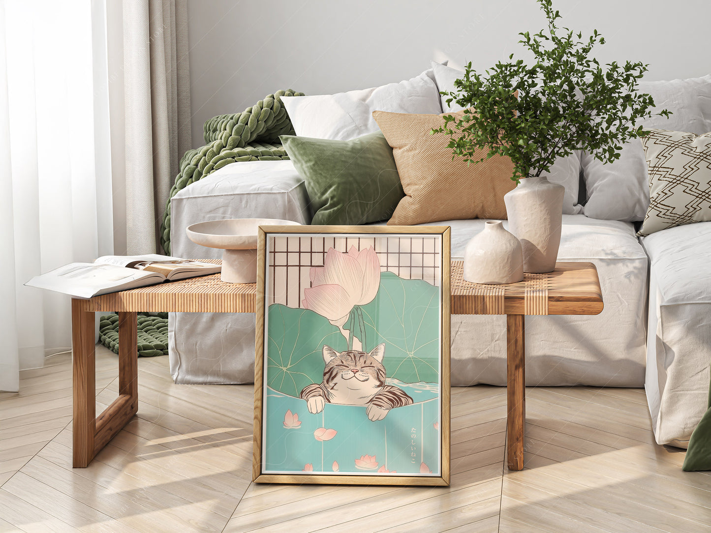 Japanese Cat Print, Minimalist Zen Wall Art