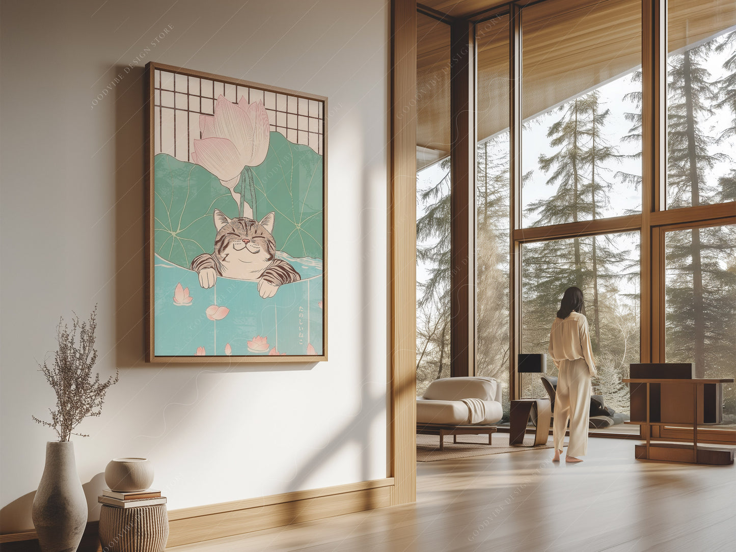 Japanese Cat Print, Minimalist Zen Wall Art
