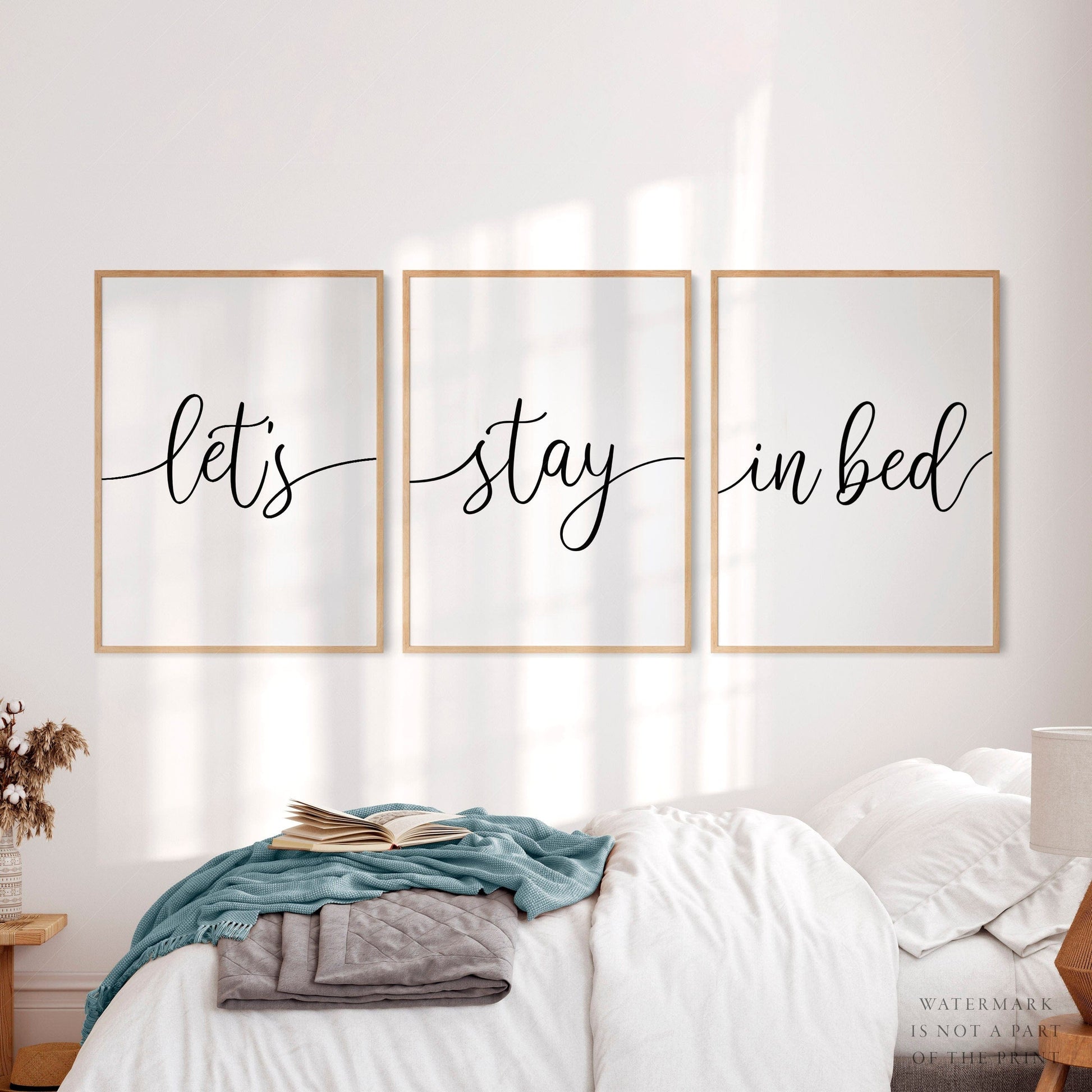 Home Poster Decor Set of 3 Lets Stay in Bed, Bedroom Wall Decor, 3 Piece Art, Above Bed Set, Gift for Couple, Gift for him her, Minimal Decor, Family Quote Print