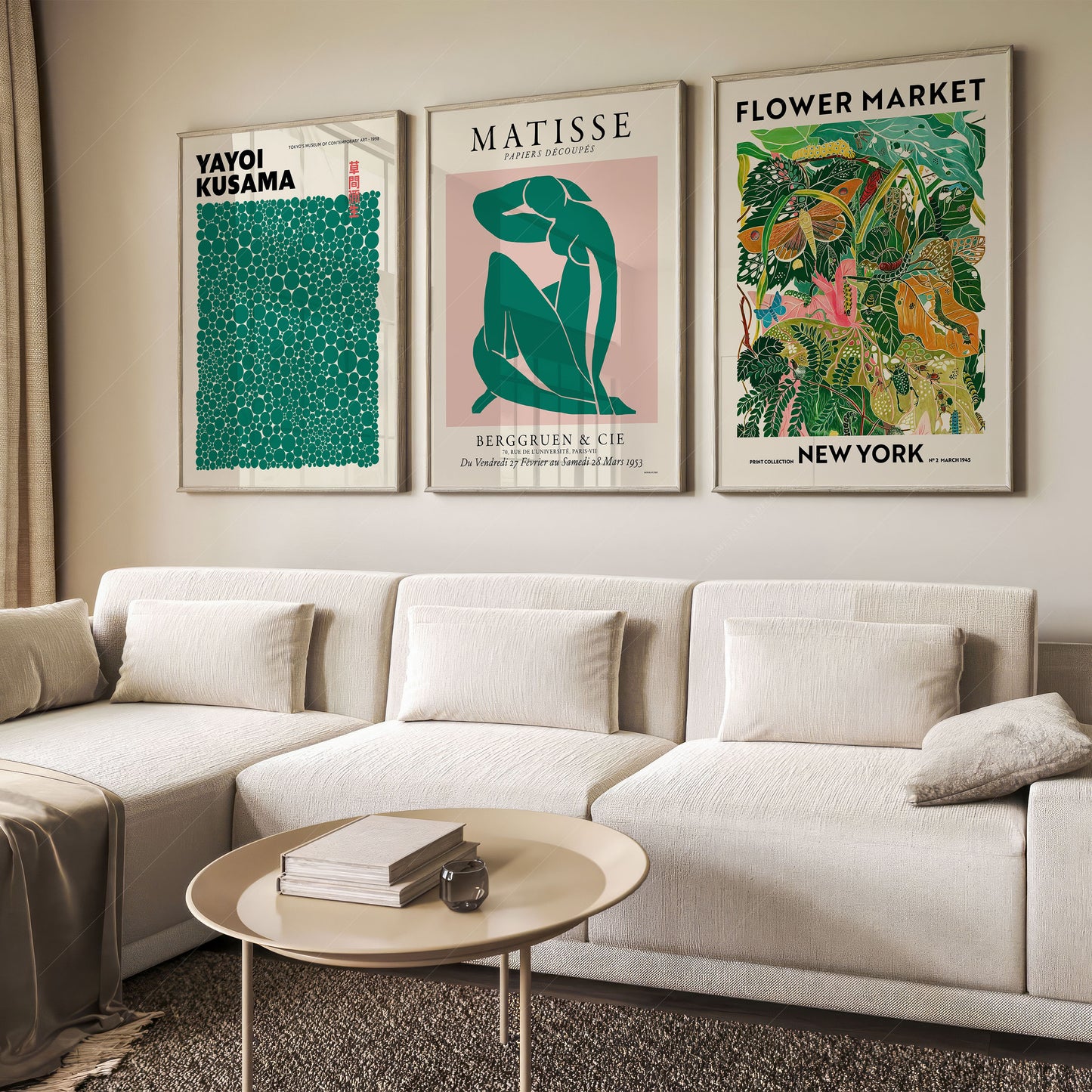 Modern Gallery Wall, Set of 3 Prints, Henri Matisse, Yayoi Kusama, Flower Market New York