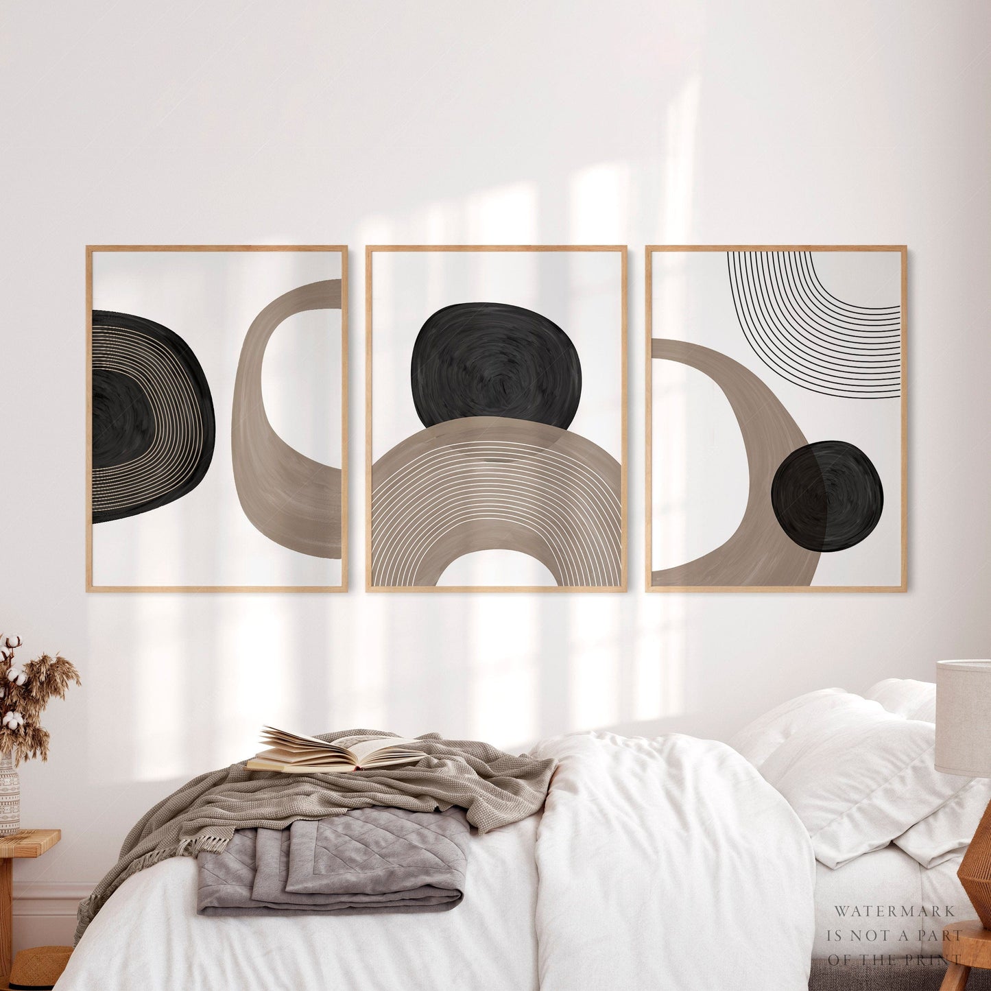 Home Poster Decor Modern 3 Piece, Neutral Wall Prints, Monochrome Minimalist, Gallery Wall, Abstract Hand Painted, Circles Shapes, Beige Black Lines 7