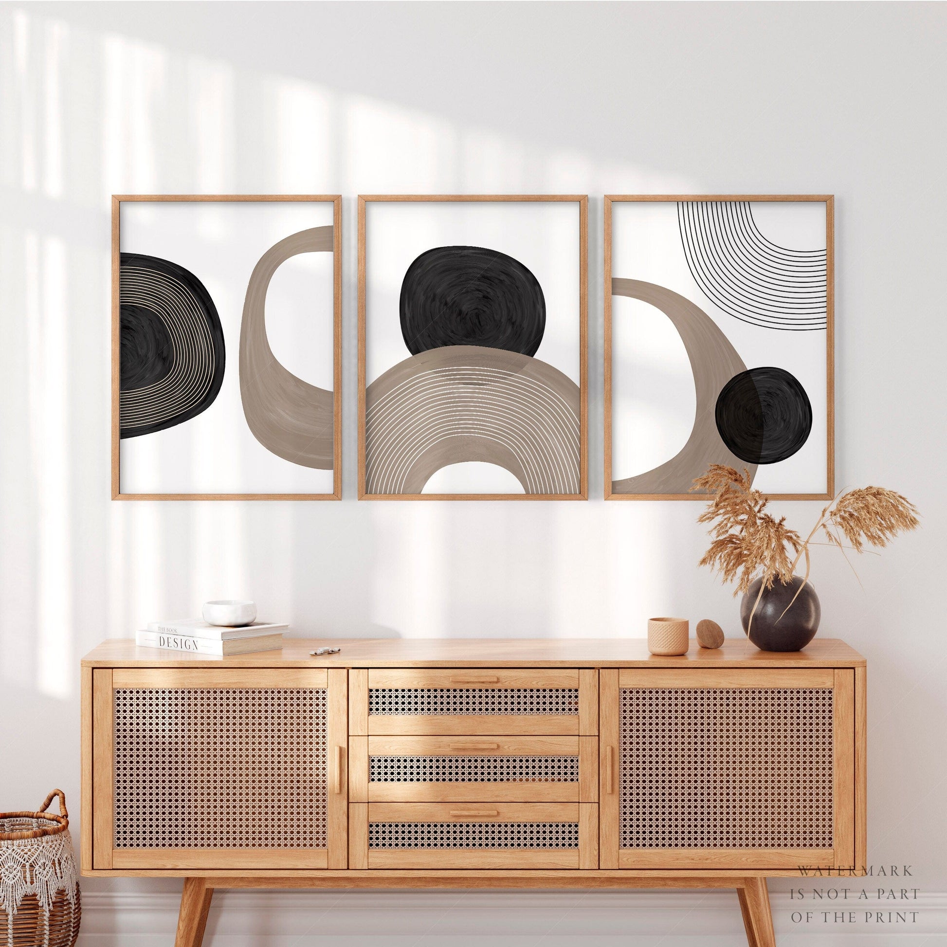 Home Poster Decor Modern 3 Piece, Neutral Wall Prints, Monochrome Minimalist, Gallery Wall, Abstract Hand Painted, Circles Shapes, Beige Black Lines 7