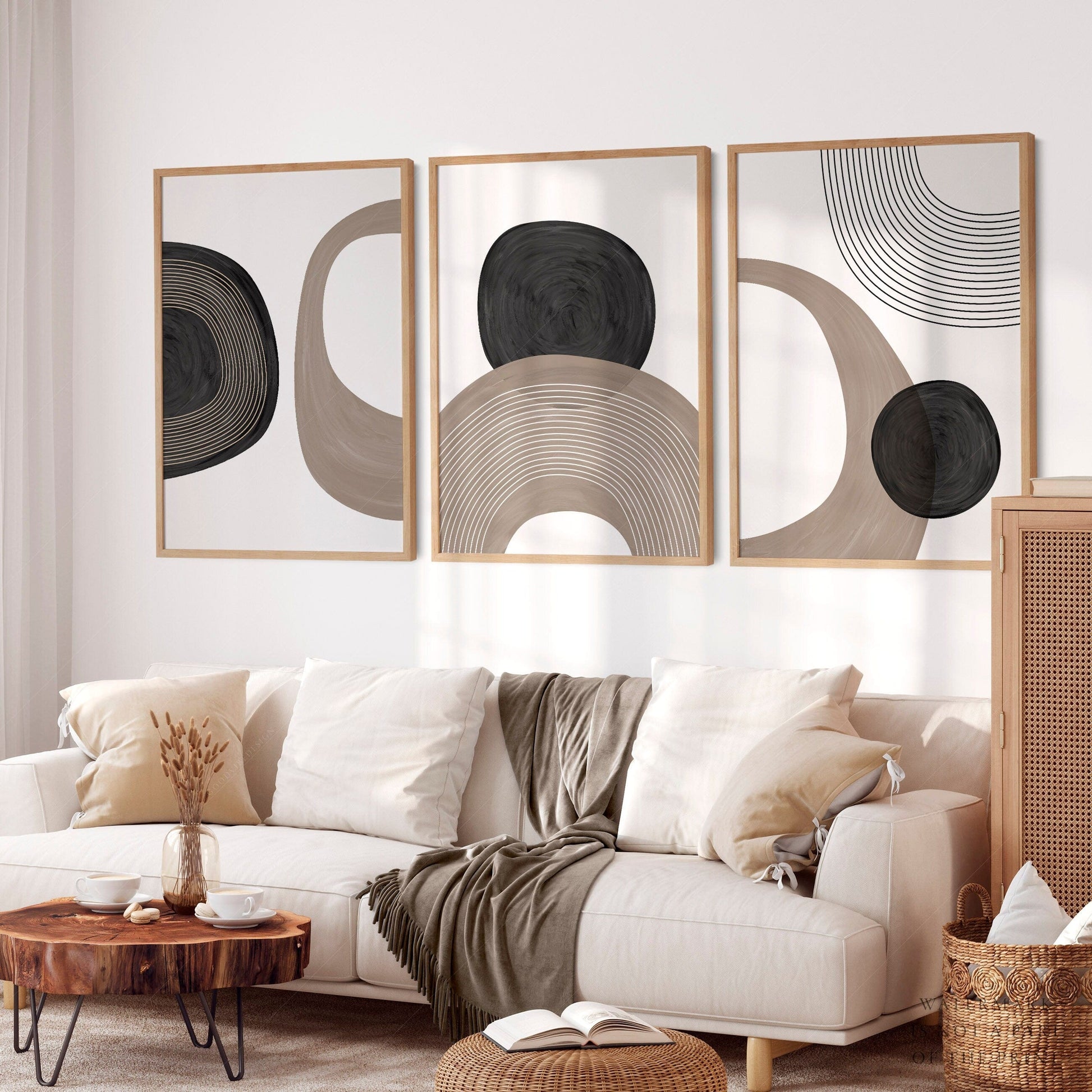 Home Poster Decor Set of 3 Modern 3 Piece, Neutral Wall Prints, Monochrome Minimalist, Gallery Wall, Abstract Hand Painted, Circles Shapes, Beige Black Lines 7