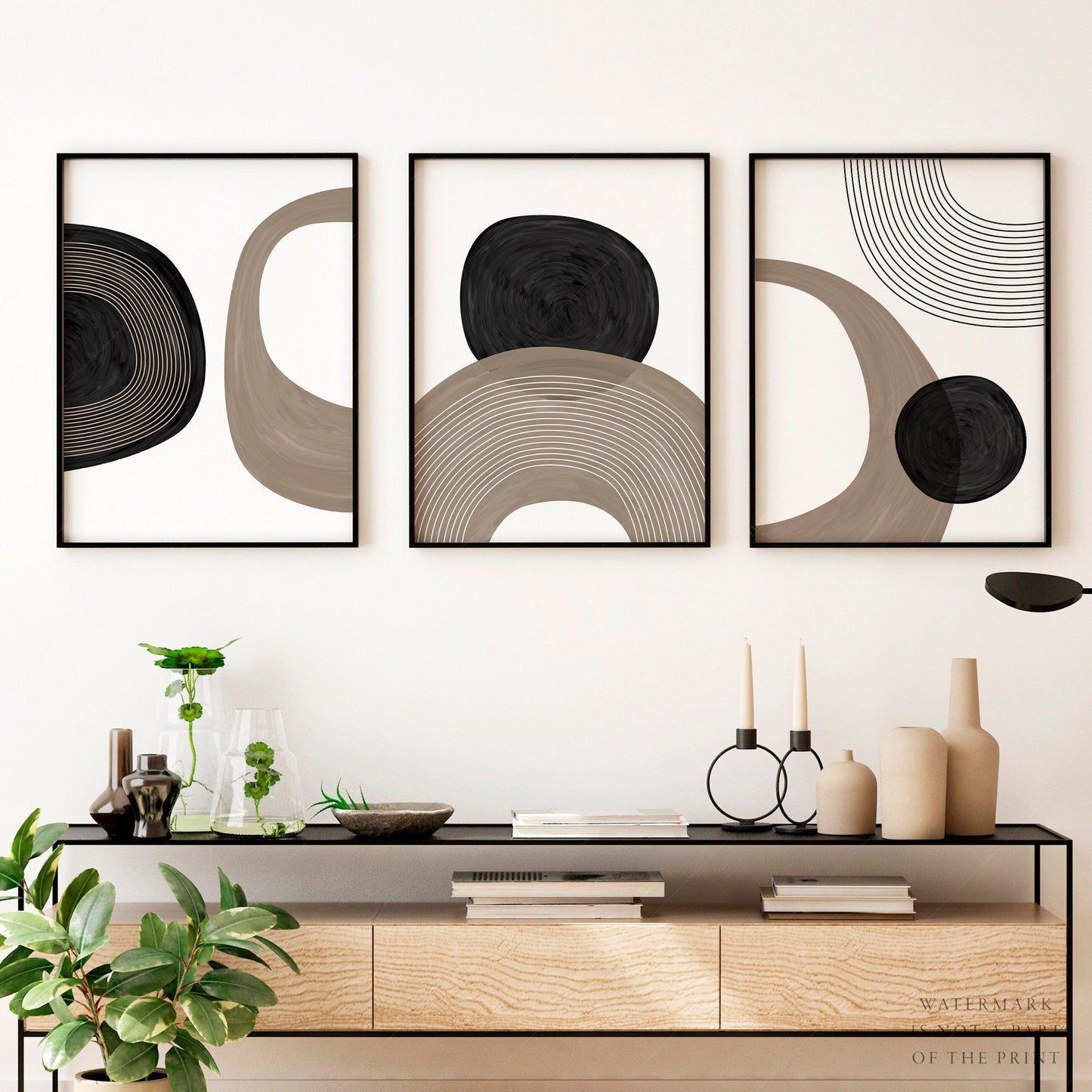 Home Poster Decor Set of 3 Modern 3 Piece, Neutral Wall Prints, Monochrome Minimalist, Gallery Wall, Abstract Hand Painted, Circles Shapes, Beige Black Lines 7