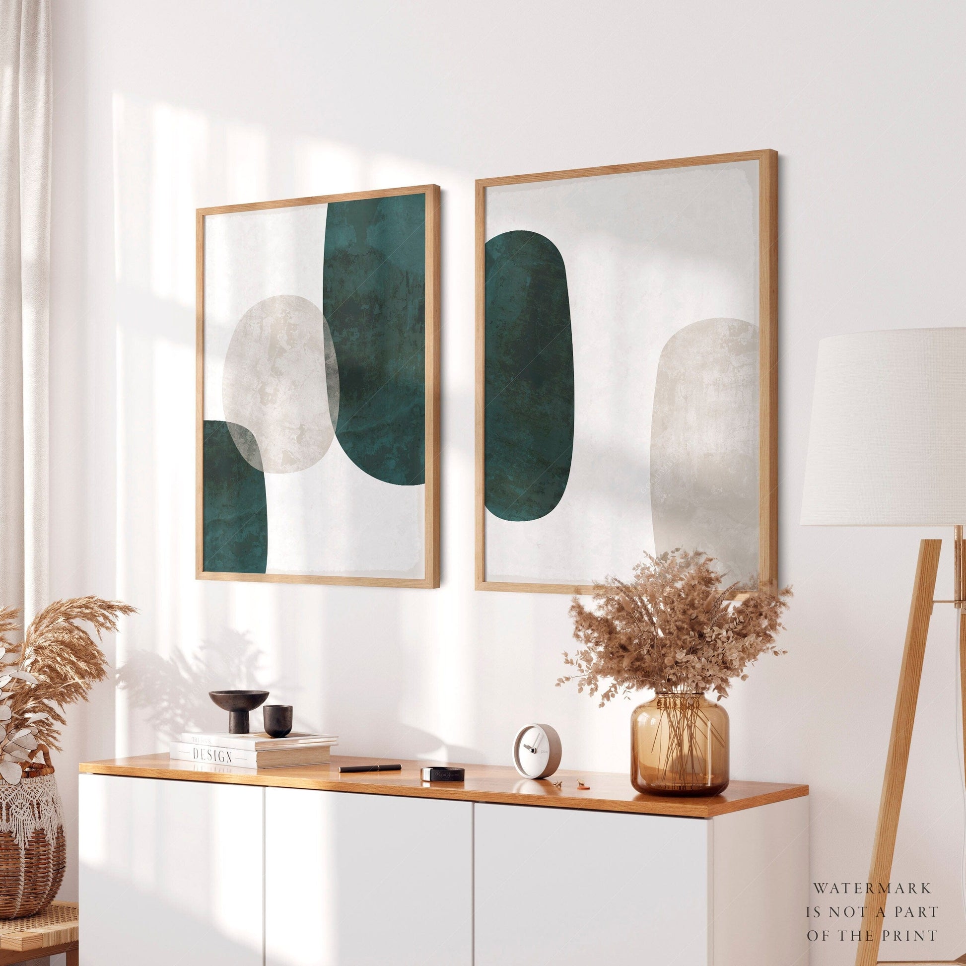 Home Poster Decor Set of 2 Modern Abstract, 2 Piece Wall Art, Geometric Shapes, Mid Century, Boho Decor, Minimalist Art, Dark Emerald Green, Neutral Beige, Above Bed