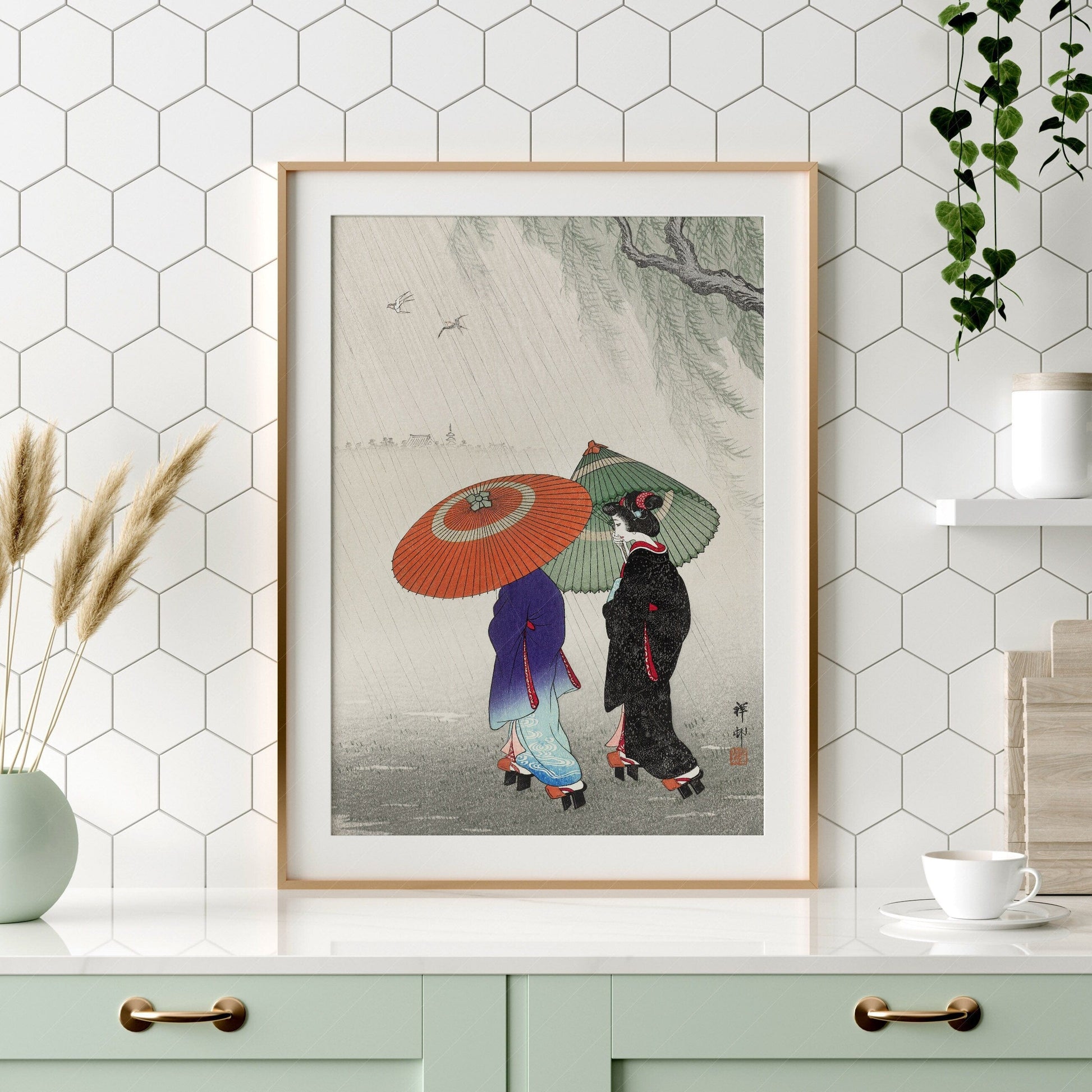 Home Poster Decor Ohara Koson Poster, Japanese Wall Art, Vintage Poster, Retro Art, Two Woman in the rain, HIGH Quality Archival Paper, Large Sizes