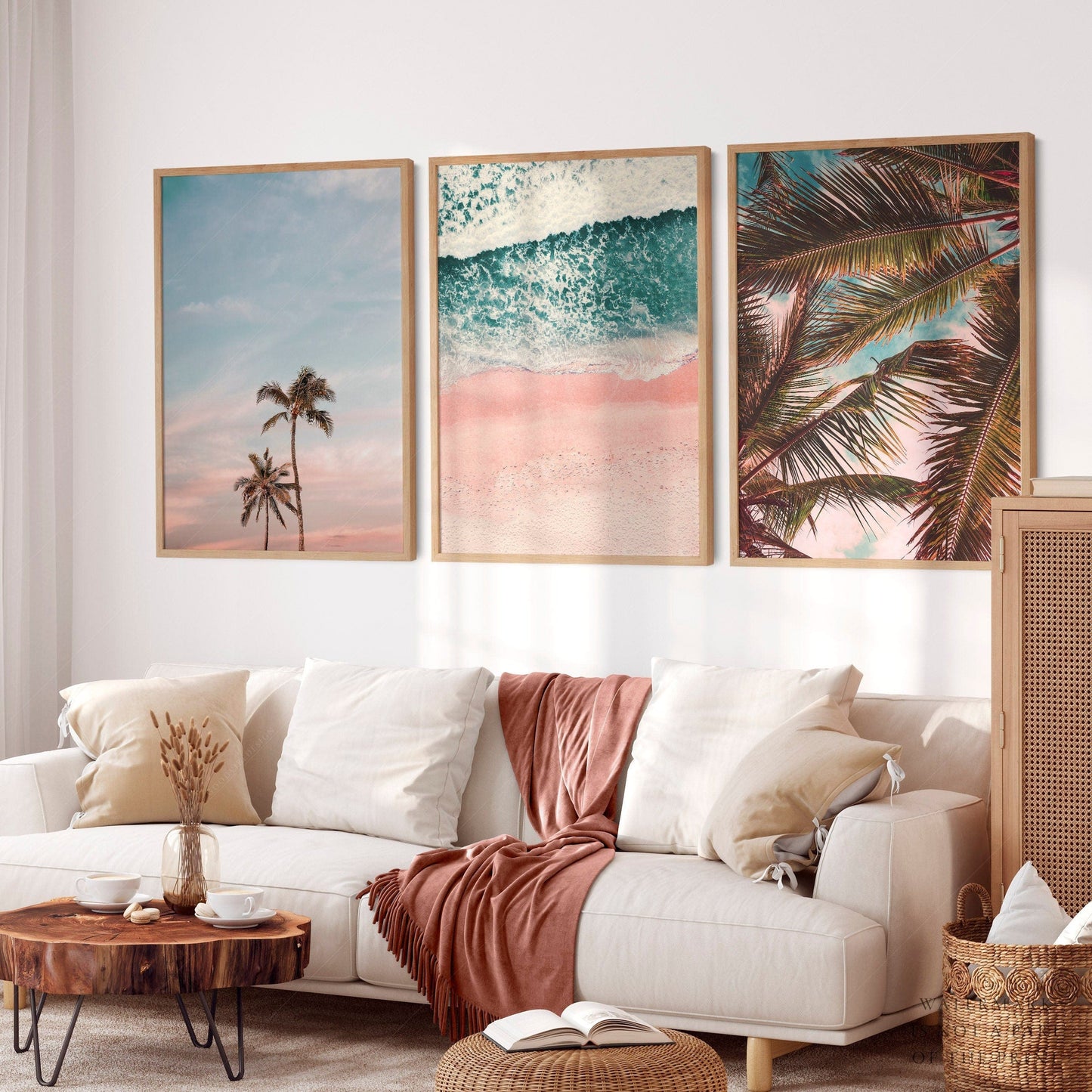 Home Poster Decor Palm Tree Set, Beach Wall Art, California Print, Ocean Poster, Sea Water Print, Above Sofa, Bedroom Decor, Turquoise Blue, 3 Piece Summer