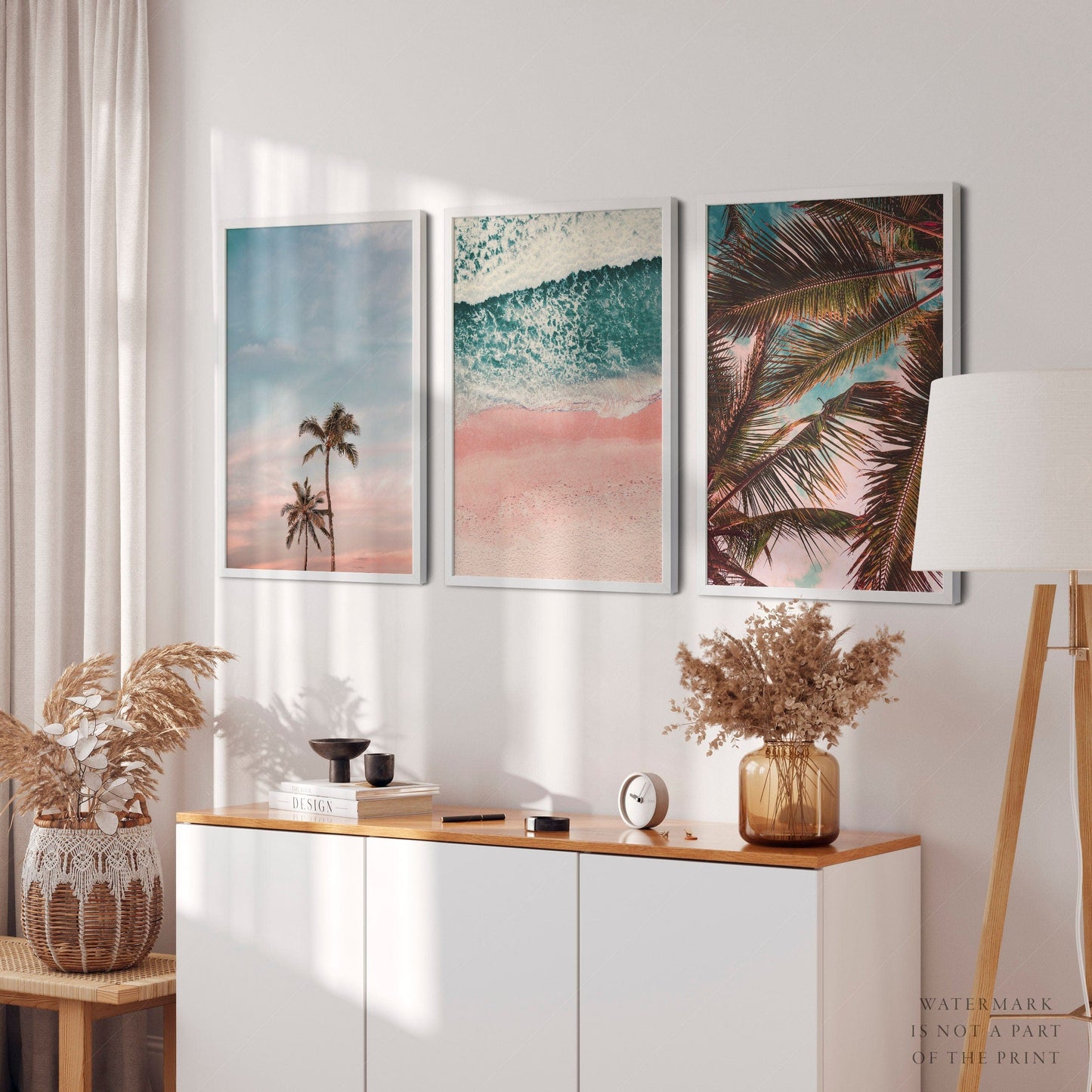Home Poster Decor Palm Tree Set, Beach Wall Art, California Print, Ocean Poster, Sea Water Print, Above Sofa, Bedroom Decor, Turquoise Blue, 3 Piece Summer