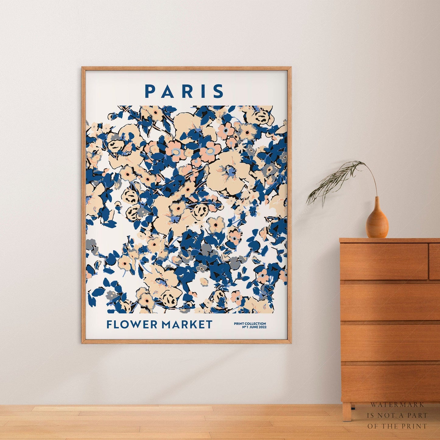 Home Poster Decor Single Paris Poster, Flower Market, France Print, Chic Wall Art, Blue Floral, Travel Gift, Kitchen Print, Beige Color, Paris Garden, Bedroom Art