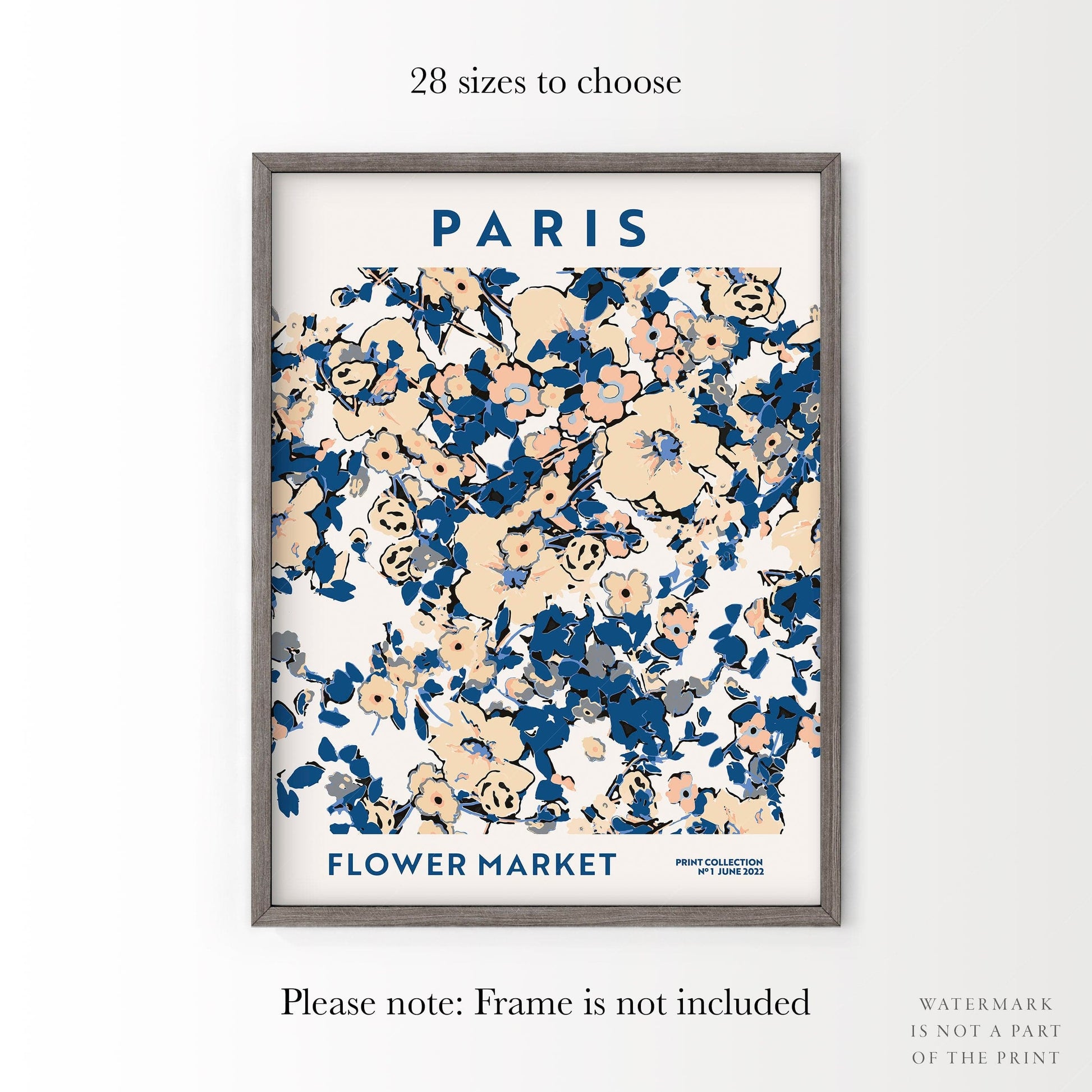 Home Poster Decor Single Paris Poster, Flower Market, France Print, Chic Wall Art, Blue Floral, Travel Gift, Kitchen Print, Beige Color, Paris Garden, Bedroom Art