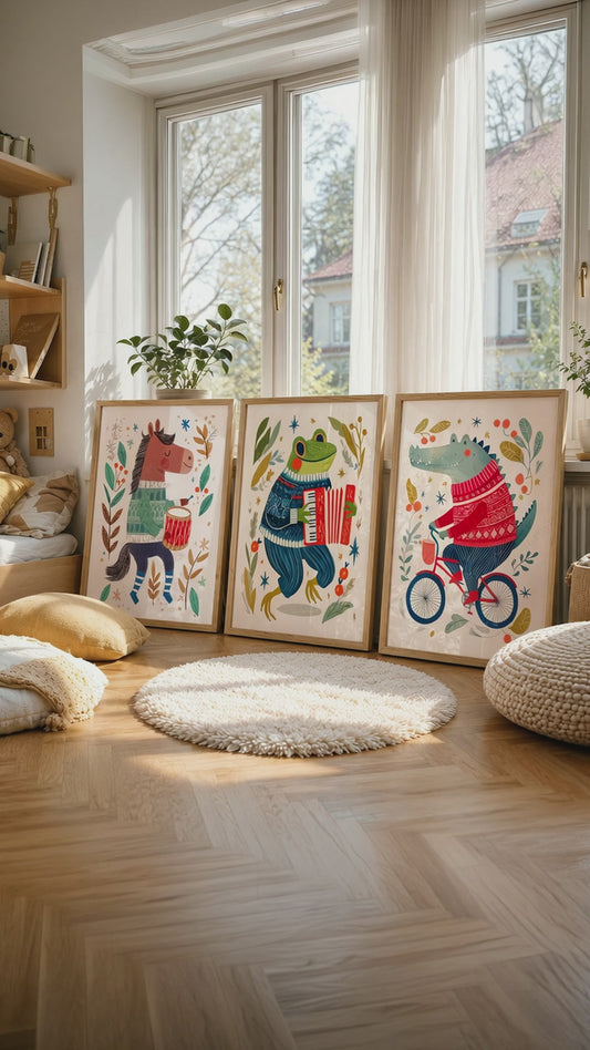 Whimsical Animal Nursery Art Set of 3 – Folk Style Kids Wall Decor Prints – 67-30 — room styling video. AI-generated room visualisation; physical art print sold unframed.