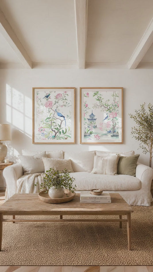 Chinoiserie Art Print Set of 2 – Vintage Bird and Floral Wall Art Posters – 55-01 — room styling video. AI-generated room visualisation; physical art print sold unframed.