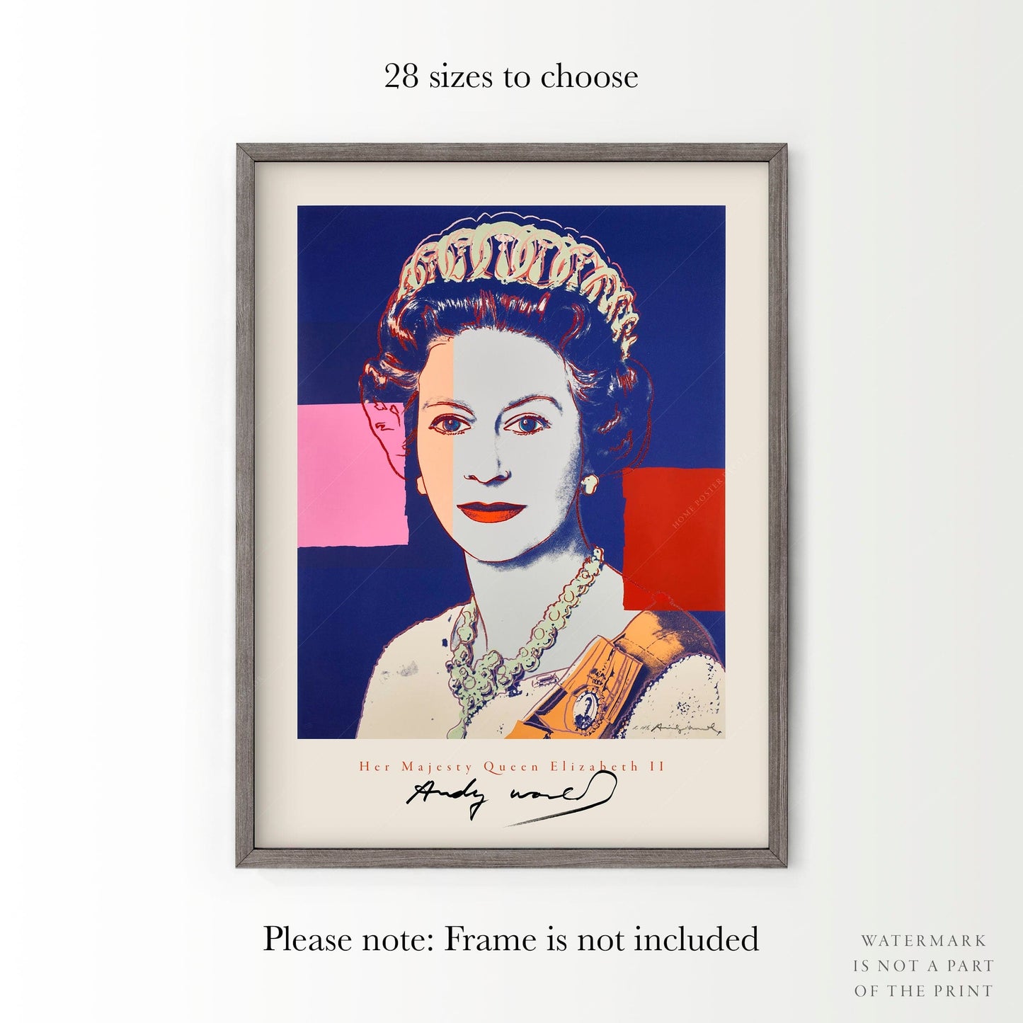 Andy Warhol Single Queen Elizabeth II, Andy Warhol Poster, Pop Art, Famous Portrait, British Royal Family, Modern Print, Museum Print, Dark Blue, Red Pink Art