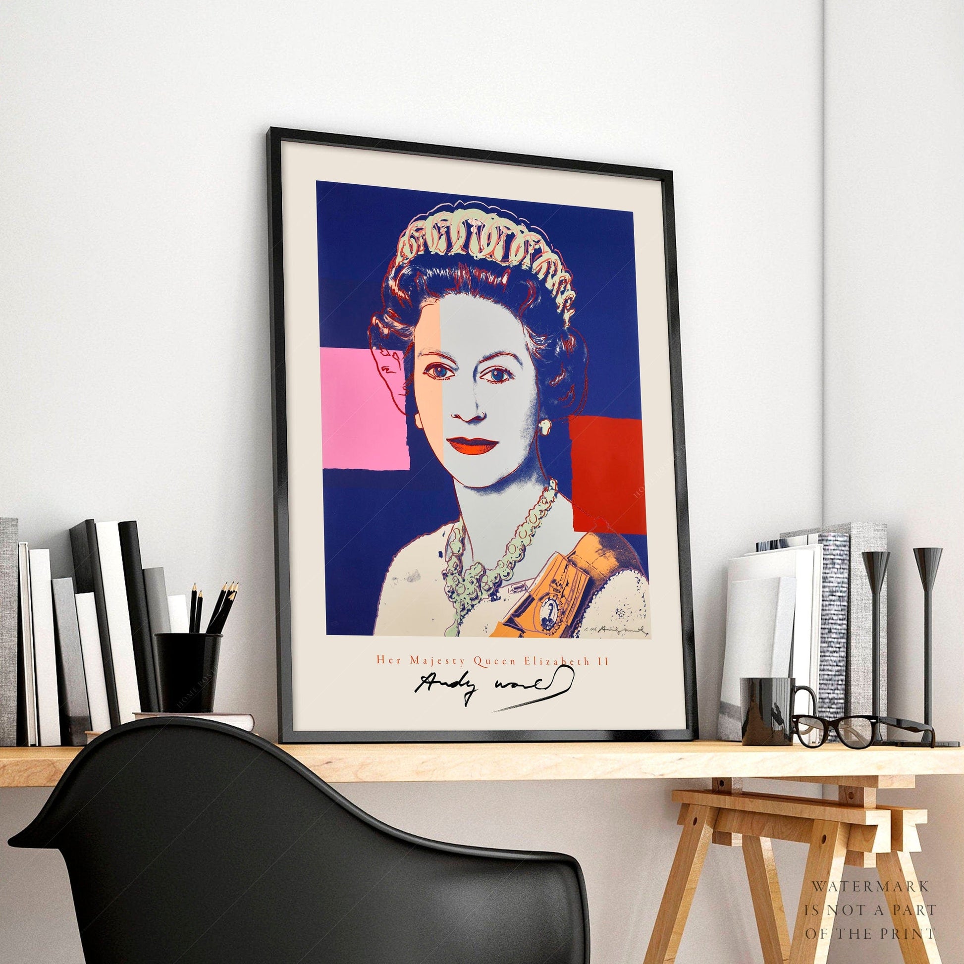 Andy Warhol Single Queen Elizabeth II, Andy Warhol Poster, Pop Art, Famous Portrait, British Royal Family, Modern Print, Museum Print, Dark Blue, Red Pink Art