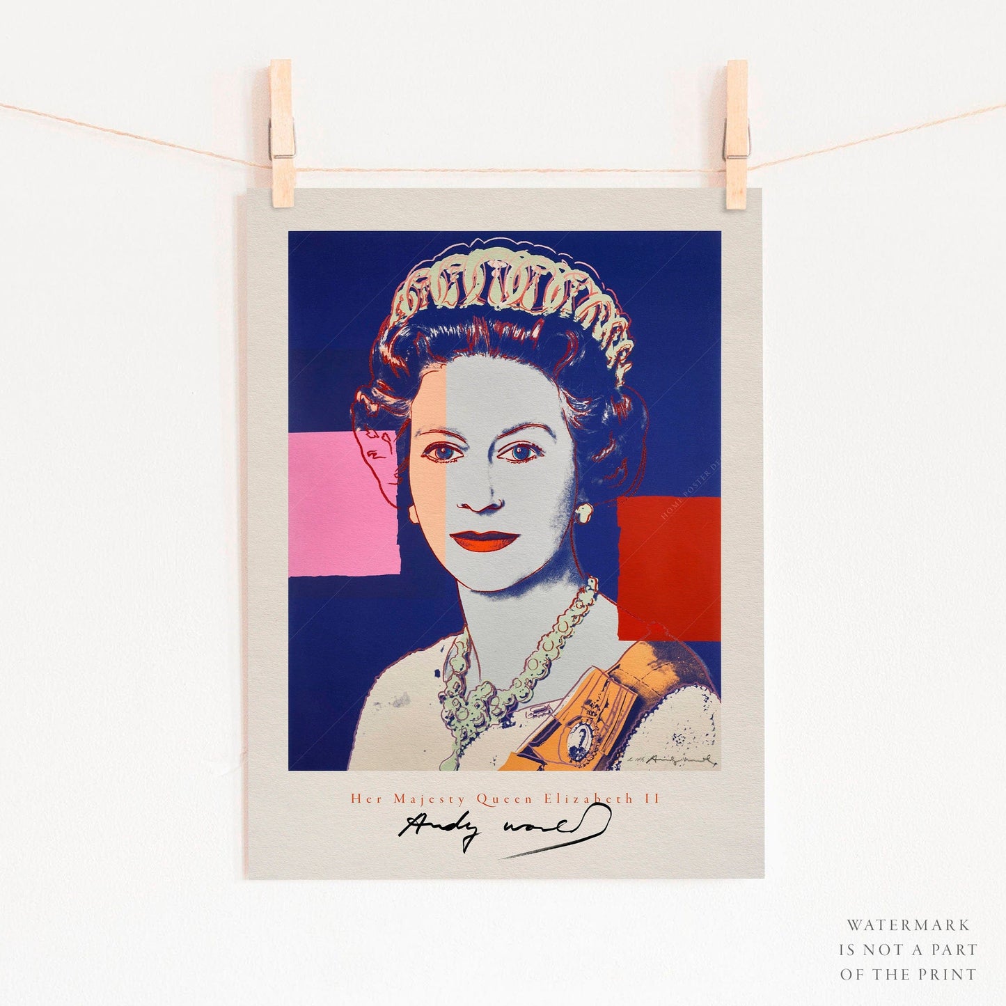 Andy Warhol Single Queen Elizabeth II, Andy Warhol Poster, Pop Art, Famous Portrait, British Royal Family, Modern Print, Museum Print, Dark Blue, Red Pink Art