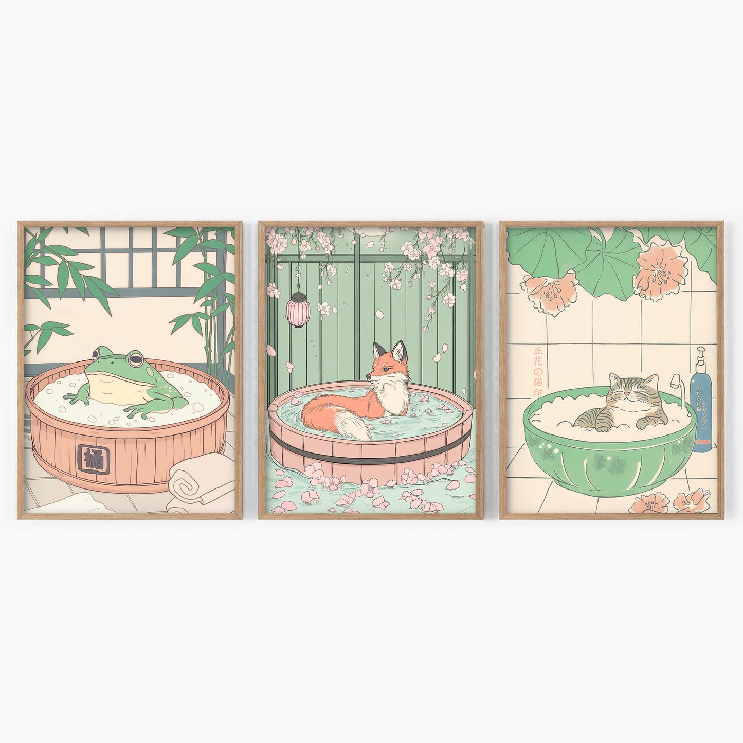 Set of Three Japandi Prints – Cat, Fox, and Frog in Spa
