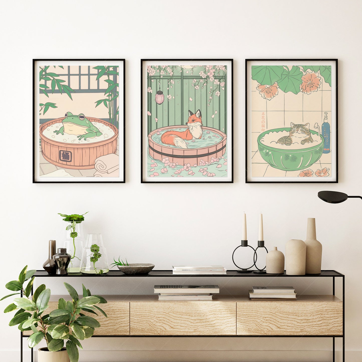 Set of Three Japandi Prints – Cat, Fox, and Frog in Spa