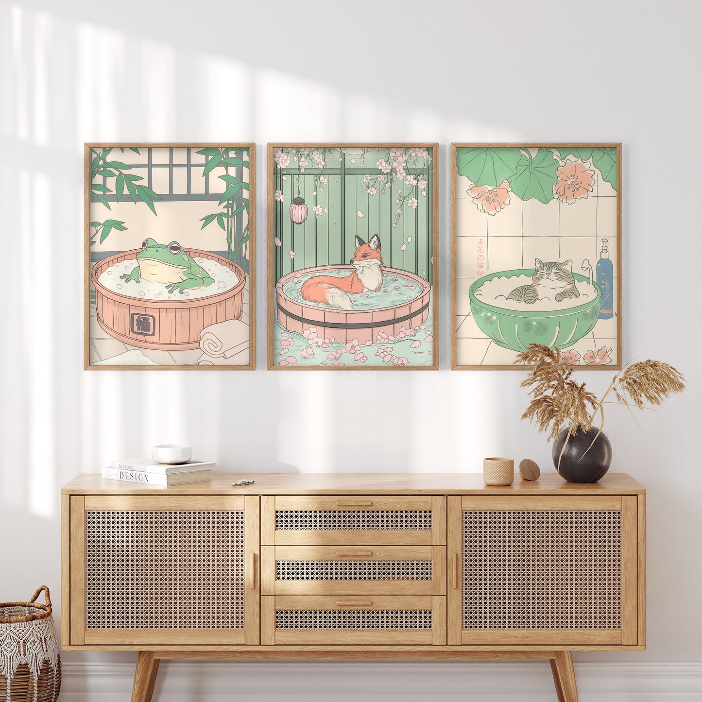 Set of Three Japandi Prints – Cat, Fox, and Frog in Spa